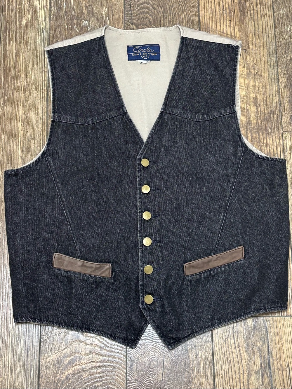 Rare Vintage Men's Black Denim Vest Circle S Dallas TX Brown Leather Trim Size L